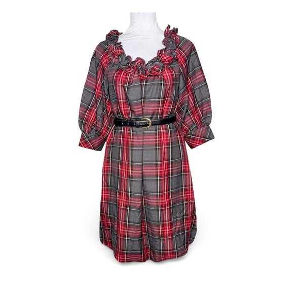 Newport News Dresses & Skirts - NWT Newport News Plaid Ruffle Rose Neck Midi Dress Red Gray, Fitted Like M